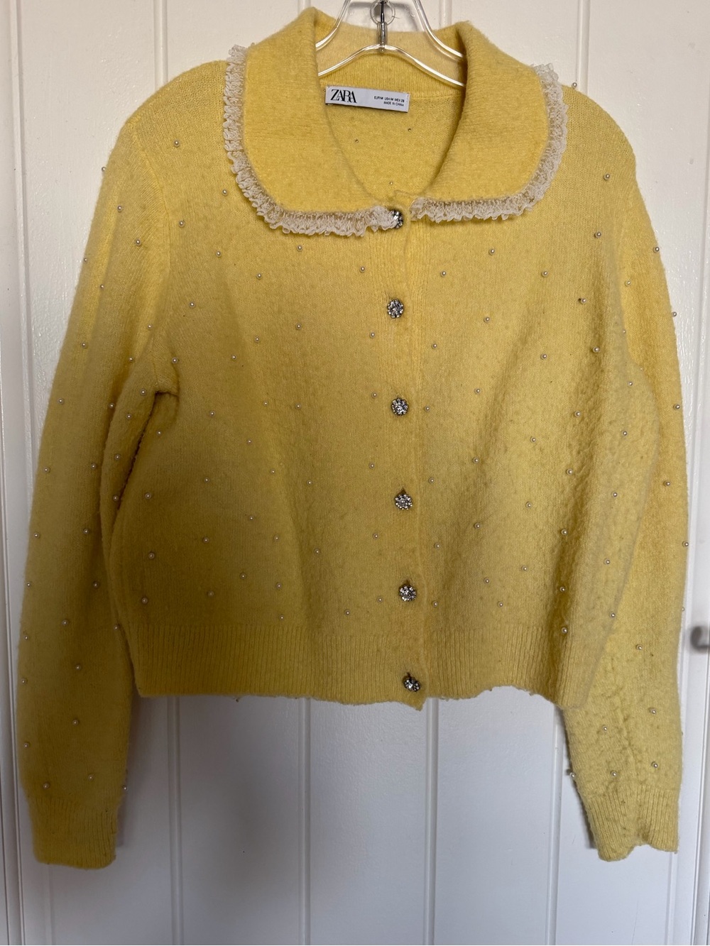 ZARA Yellow Pearl-Studded Cardigan with Lace Trim - With visible signs of wear.